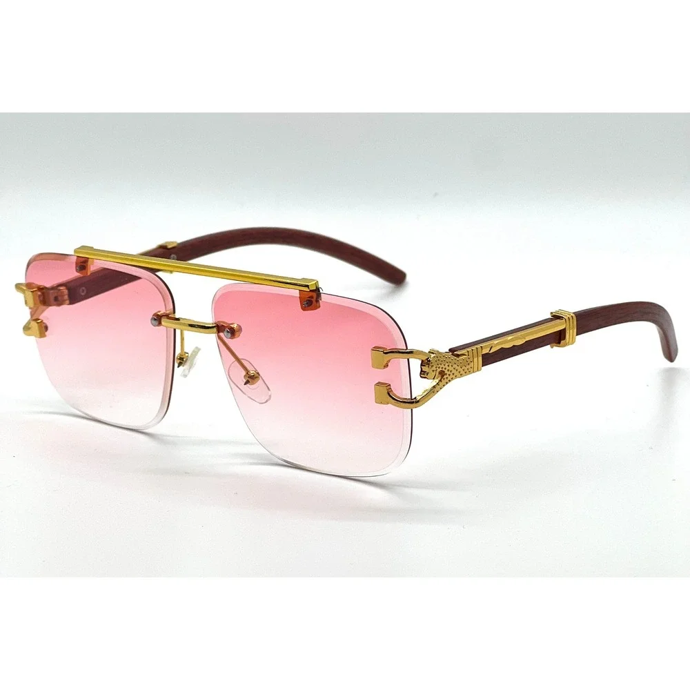 Mens Rimless Pink Gradient Sunglasses Sophisticated Wood Grain Pilot Classy 2026